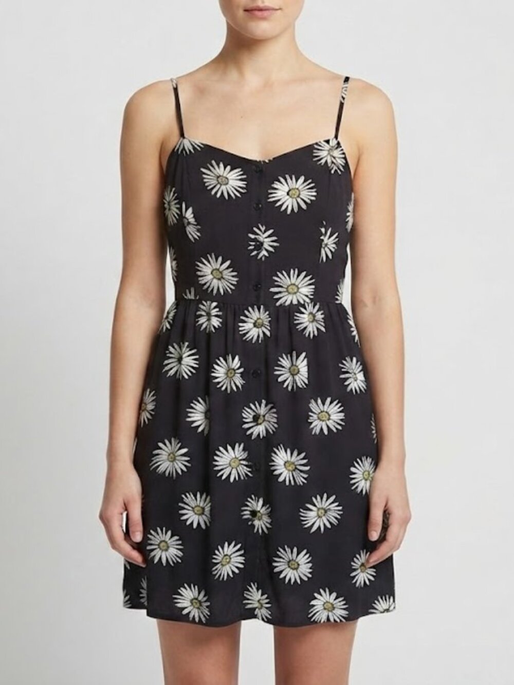 Black Daisy Print Spaghetti Strap Midi Dress - Picture 1 of 7